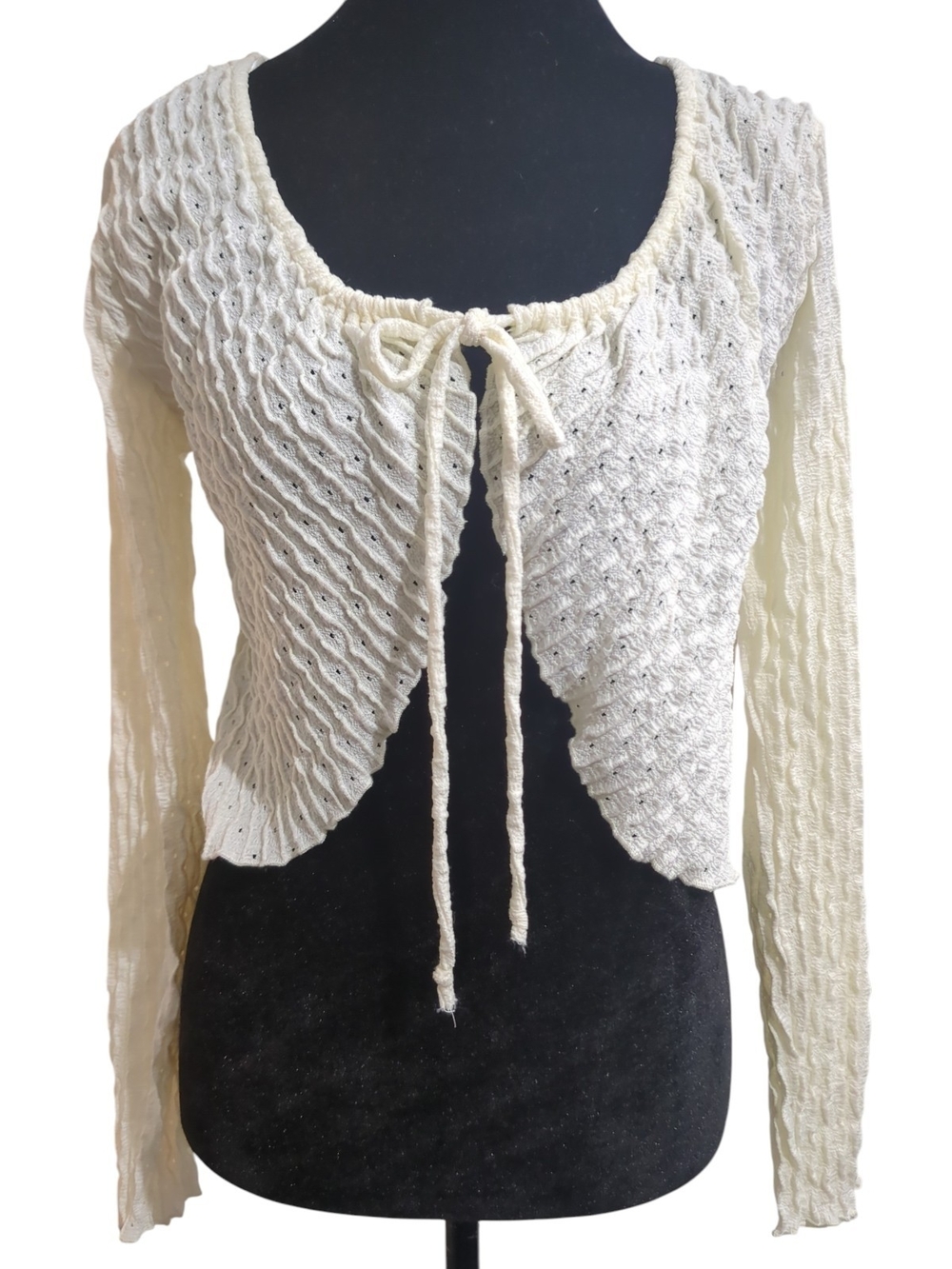 Atelier by Kirious S Ivory Pointelle Tie Front Crop Cardigan Balletcore Coquette